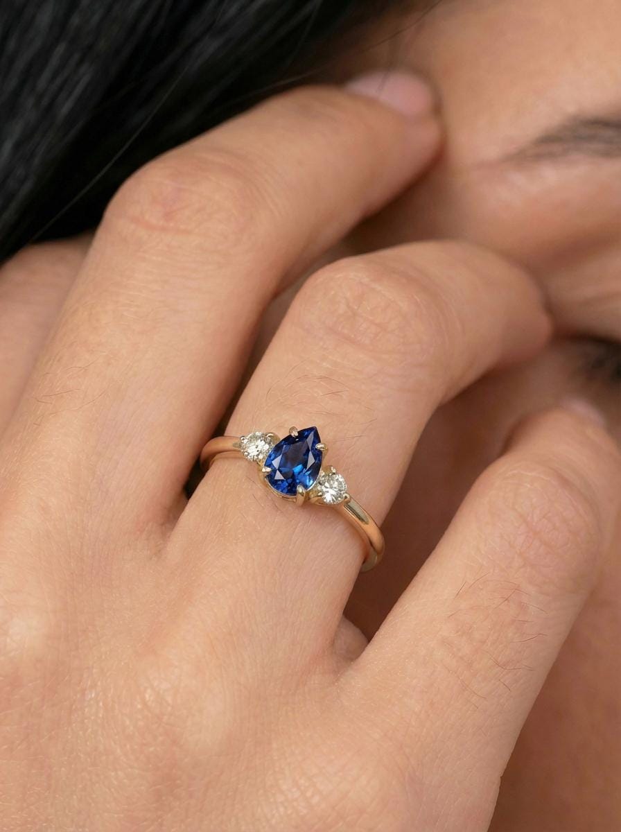 0.50ct Blue Sapphire Birthstone Ring, Pear Cut Vintage Engagement Ring, September Gemstone, Teardrop Promise Ring