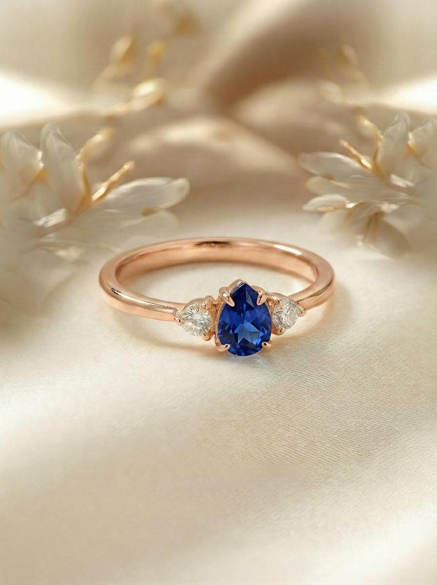 0.50ct Blue Sapphire Birthstone Ring, Pear Cut Vintage Engagement Ring, September Gemstone, Teardrop Promise Ring