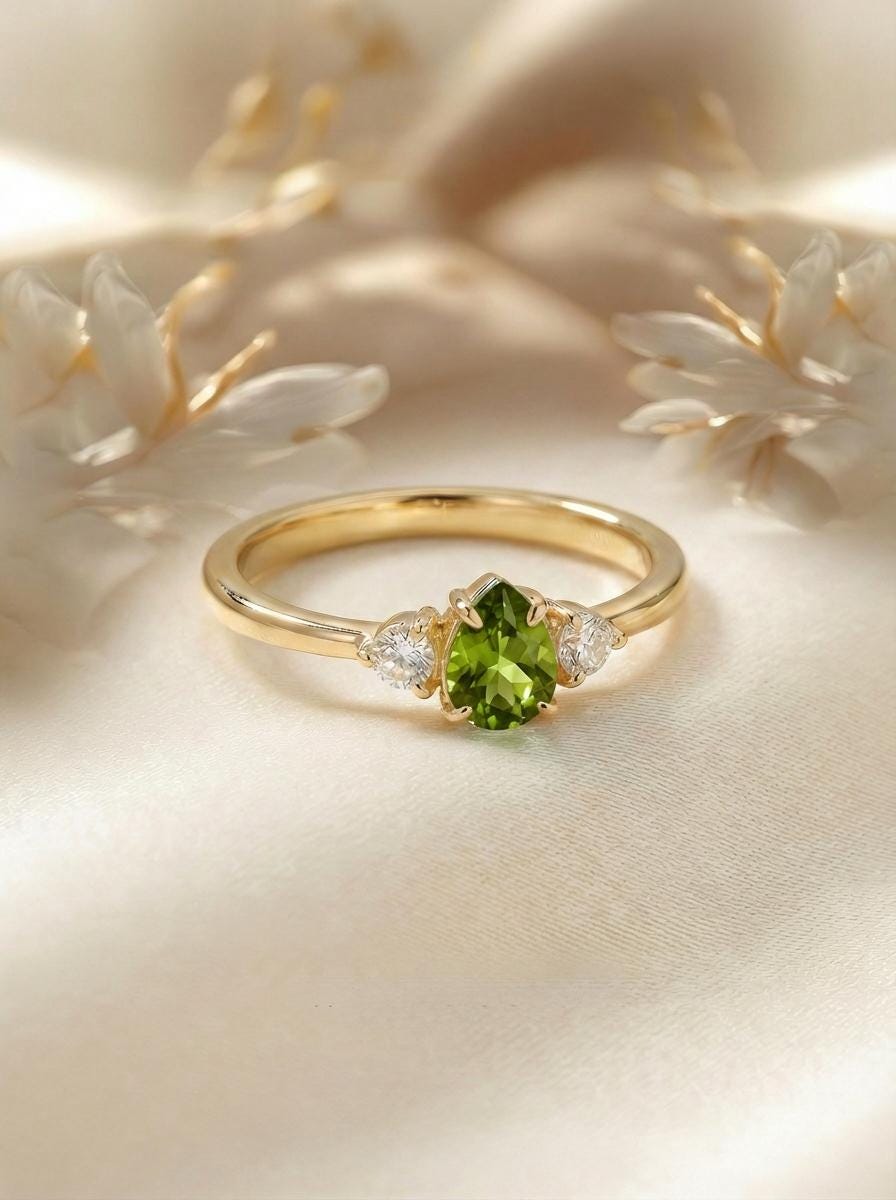0.50ct Peridot Birthstone Ring, Pear Cut Vintage Engagement Ring, August Gemstone, Teardrop Promise Ring