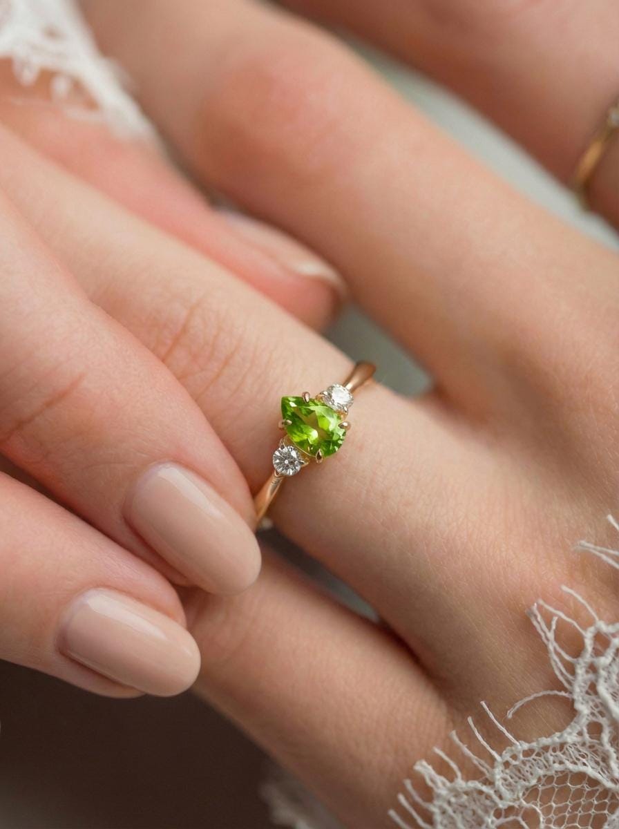 0.50ct Peridot Birthstone Ring, Pear Cut Vintage Engagement Ring, August Gemstone, Teardrop Promise Ring