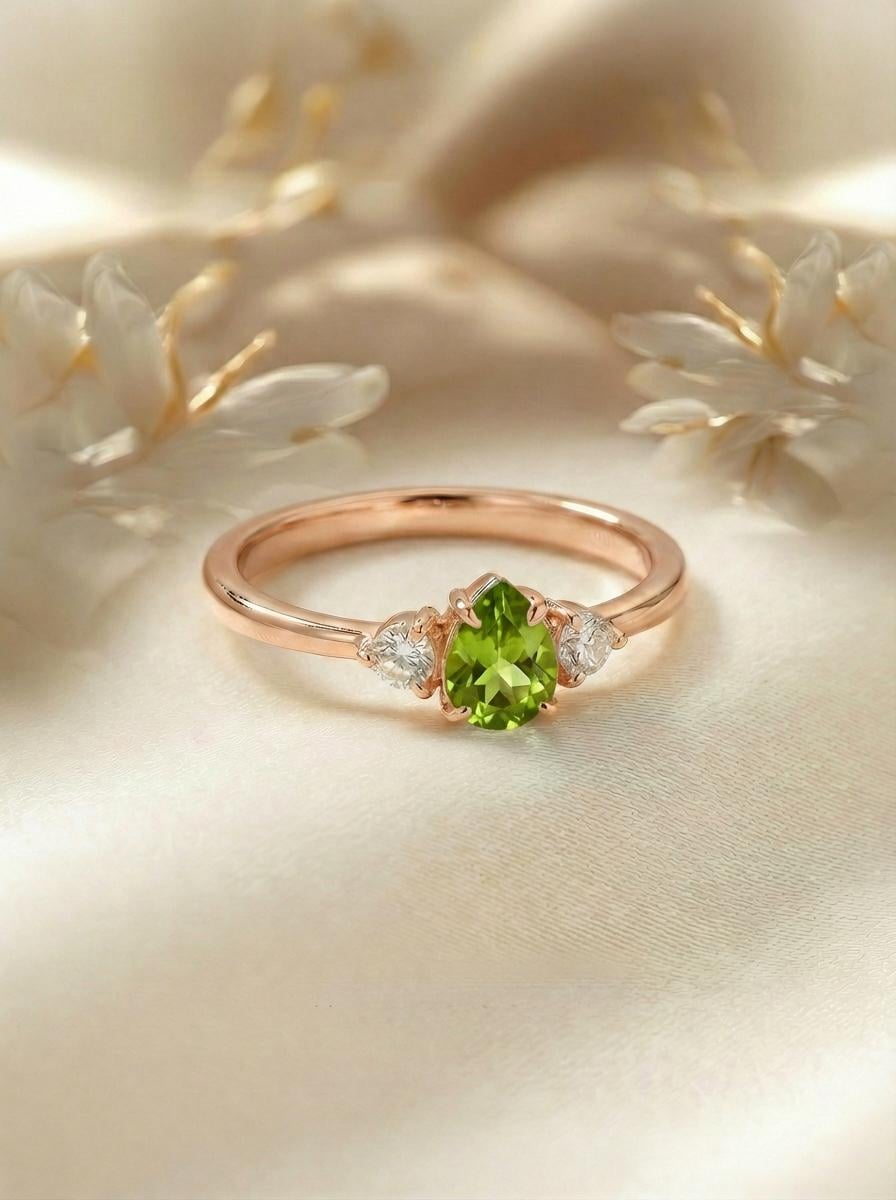 0.50ct Peridot Birthstone Ring, Pear Cut Vintage Engagement Ring, August Gemstone, Teardrop Promise Ring