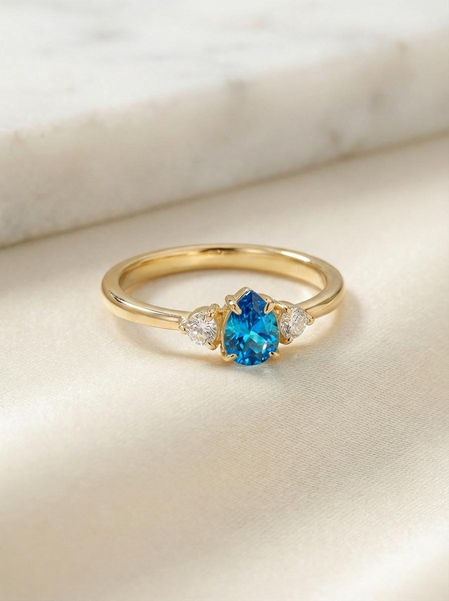 Pear Cut Blue Zircon Engagement Ring, 0.50ct December Birthstone Ring, Vintage Teardrop Promise Ring, Gift for Her