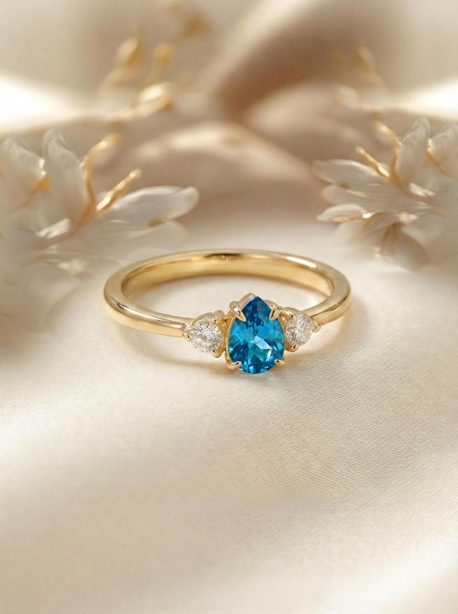 Pear Cut Blue Zircon Engagement Ring, 0.50ct December Birthstone Ring, Vintage Teardrop Promise Ring, Gift for Her