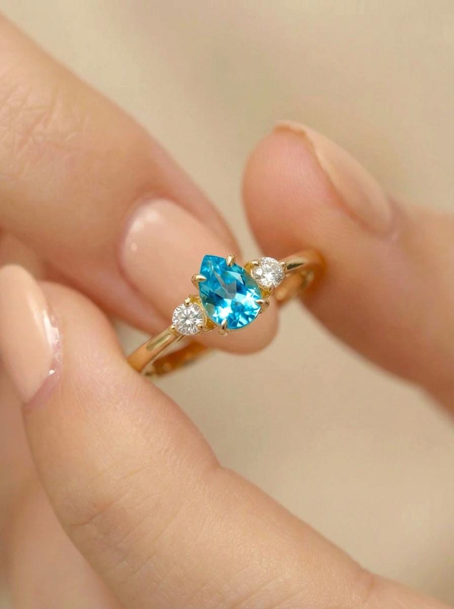 Pear Cut Blue Zircon Engagement Ring, 0.50ct December Birthstone Ring, Vintage Teardrop Promise Ring, Gift for Her