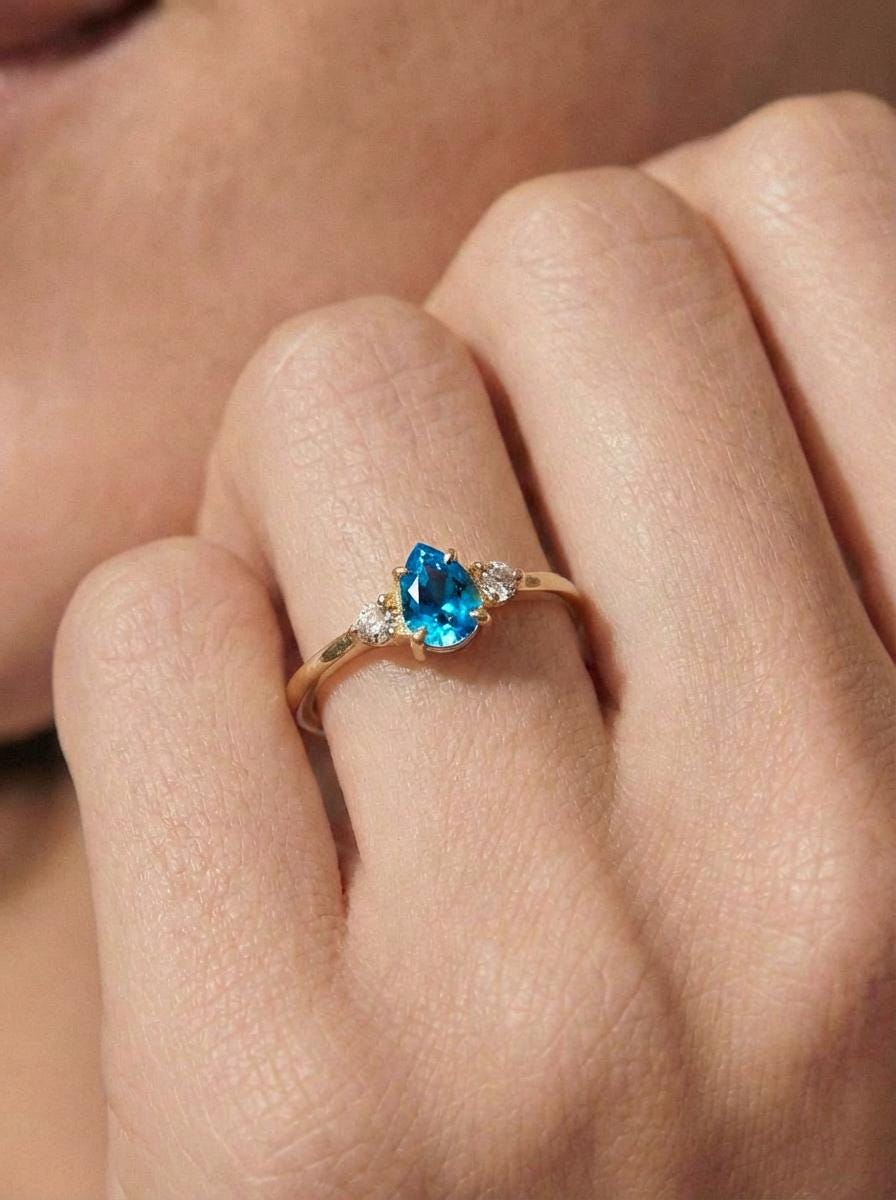 Pear Cut Blue Zircon Engagement Ring, 0.50ct December Birthstone Ring, Vintage Teardrop Promise Ring, Gift for Her