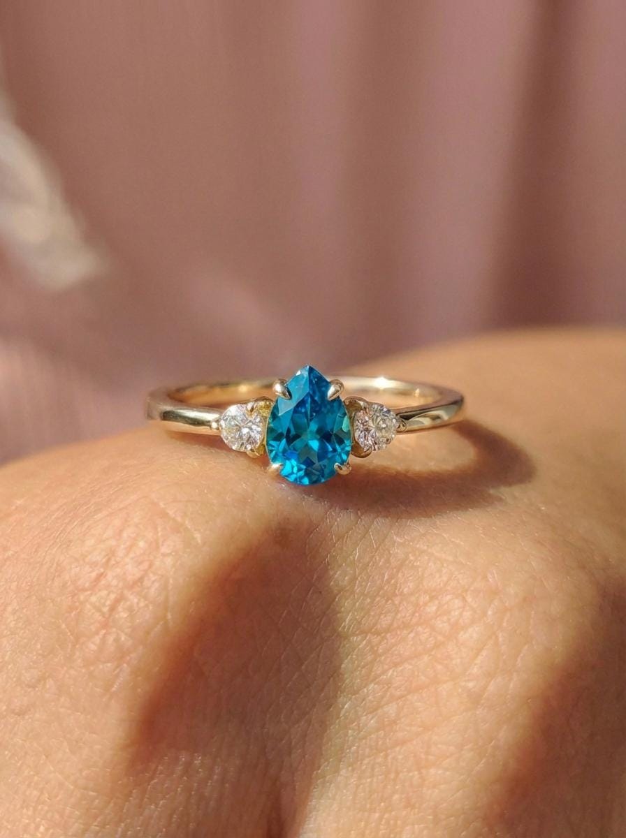 Pear Cut Blue Zircon Engagement Ring, 0.50ct December Birthstone Ring, Vintage Teardrop Promise Ring, Gift for Her