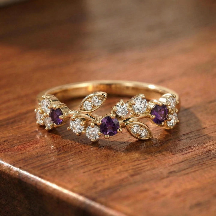 Amethyst Leaf Wedding Band, Nature Inspired Floral Cluster Ring for Her – February Birthstone Gift – 14K Gold Moissanite Jewelry
