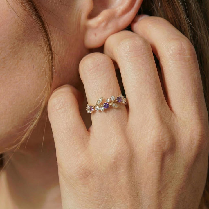 Amethyst Leaf Wedding Band, Nature Inspired Floral Cluster Ring for Her – February Birthstone Gift – 14K Gold Moissanite Jewelry
