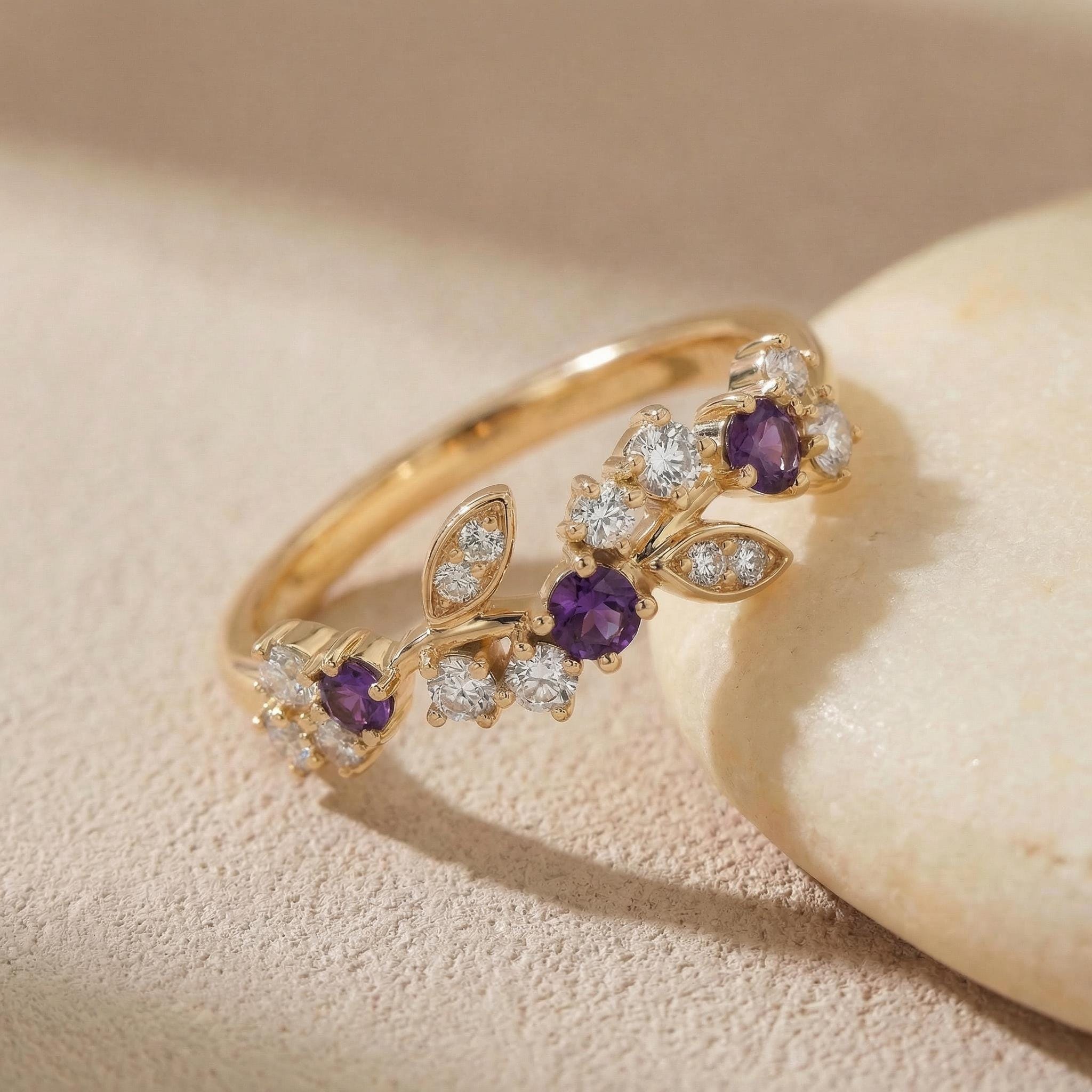 Amethyst Leaf Wedding Band, Nature Inspired Floral Cluster Ring for Her – February Birthstone Gift – 14K Gold Moissanite Jewelry