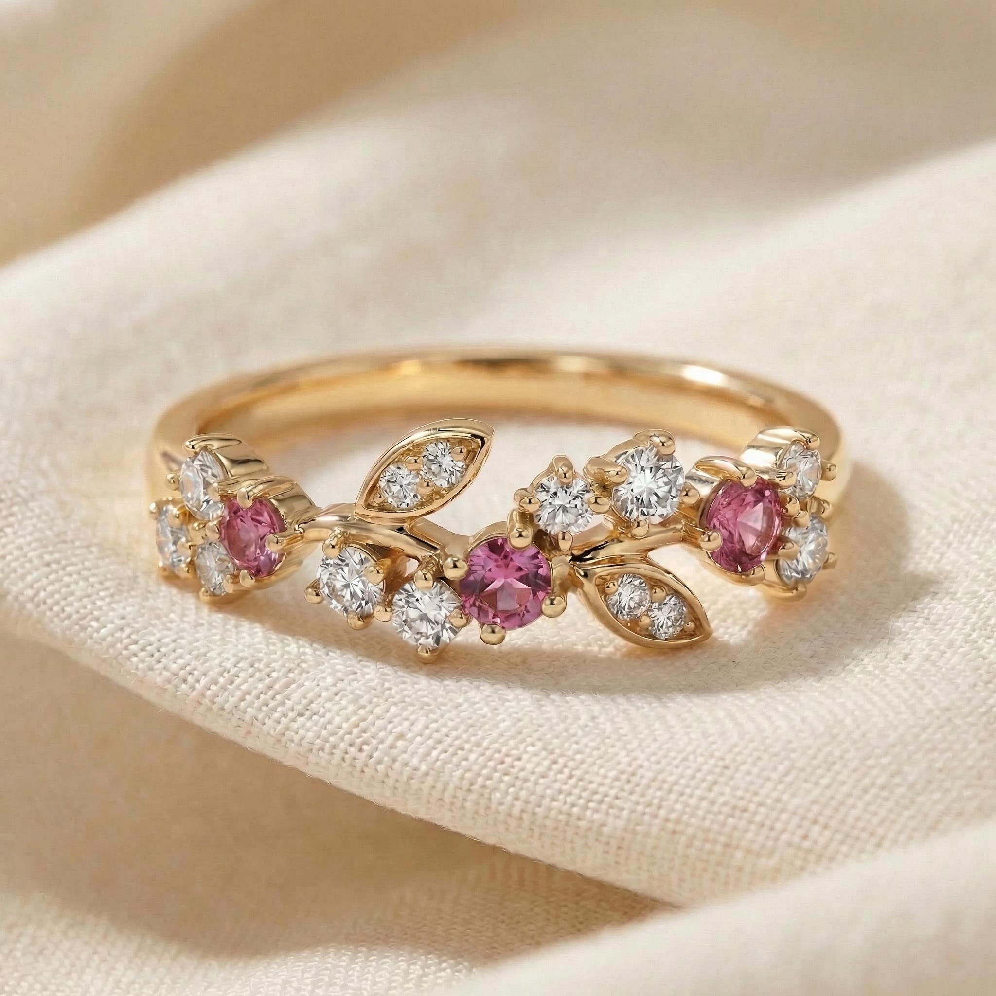 Round Pink Tourmaline Leaf Wedding Band, Nature Inspired Floral Cluster Ring for Her – October Birthstone Gift – 14K Gold Moissanite Jewelry