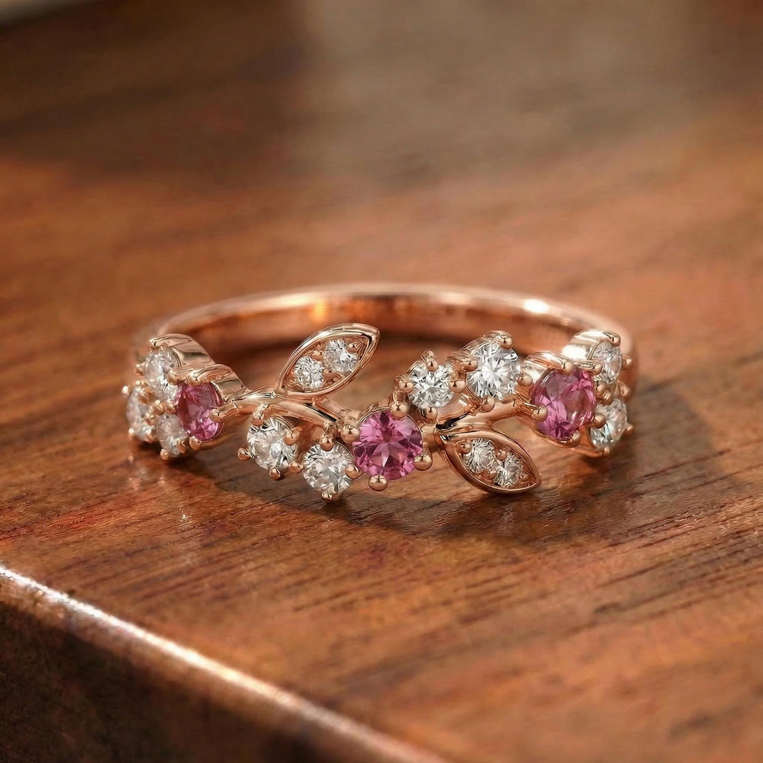 Round Pink Tourmaline Leaf Wedding Band, Nature Inspired Floral Cluster Ring for Her – October Birthstone Gift – 14K Gold Moissanite Jewelry