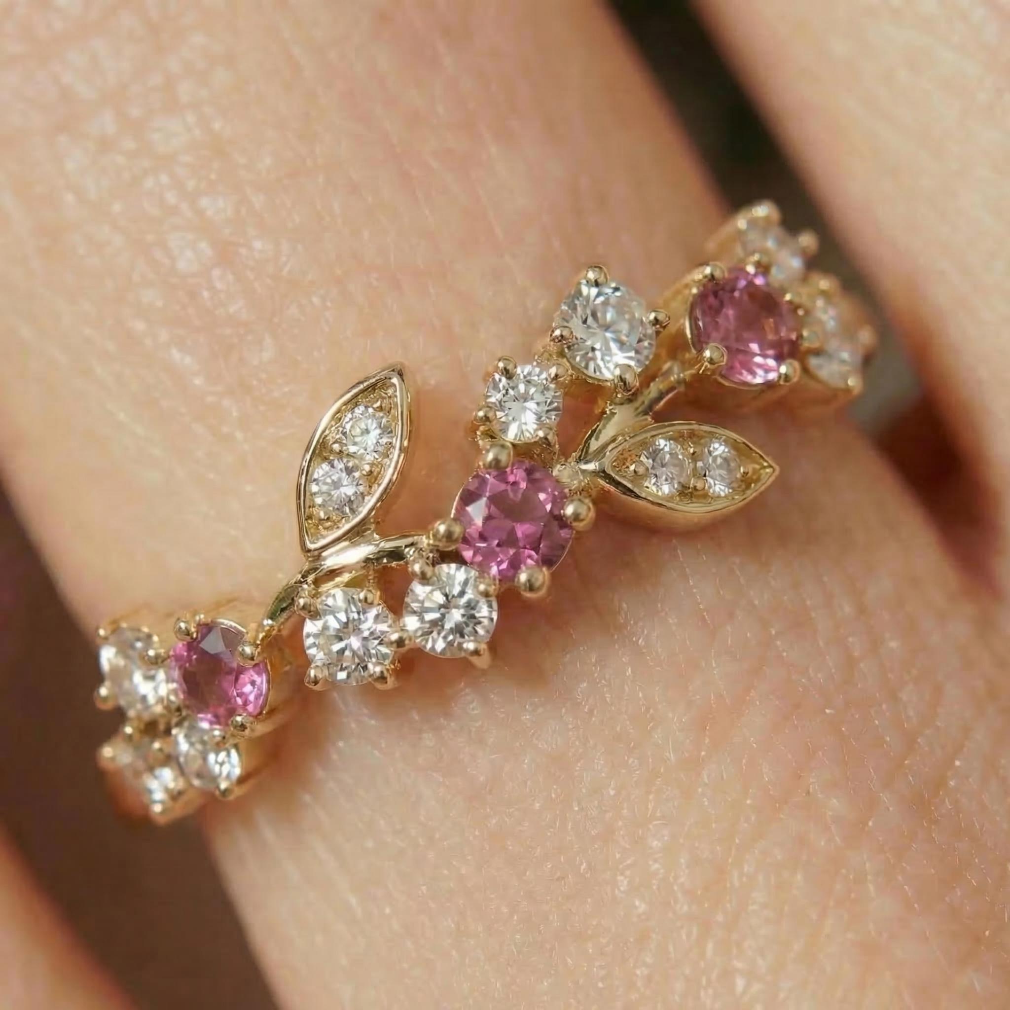 Round Pink Tourmaline Leaf Wedding Band, Nature Inspired Floral Cluster Ring for Her – October Birthstone Gift – 14K Gold Moissanite Jewelry