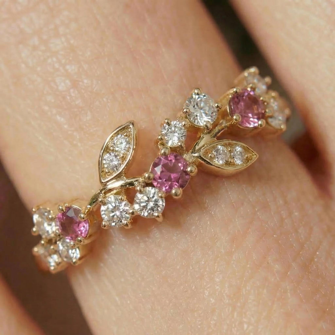 Round Pink Tourmaline Leaf Wedding Band, Nature Inspired Floral Cluster Ring for Her – October Birthstone Gift – 14K Gold Moissanite Jewelry
