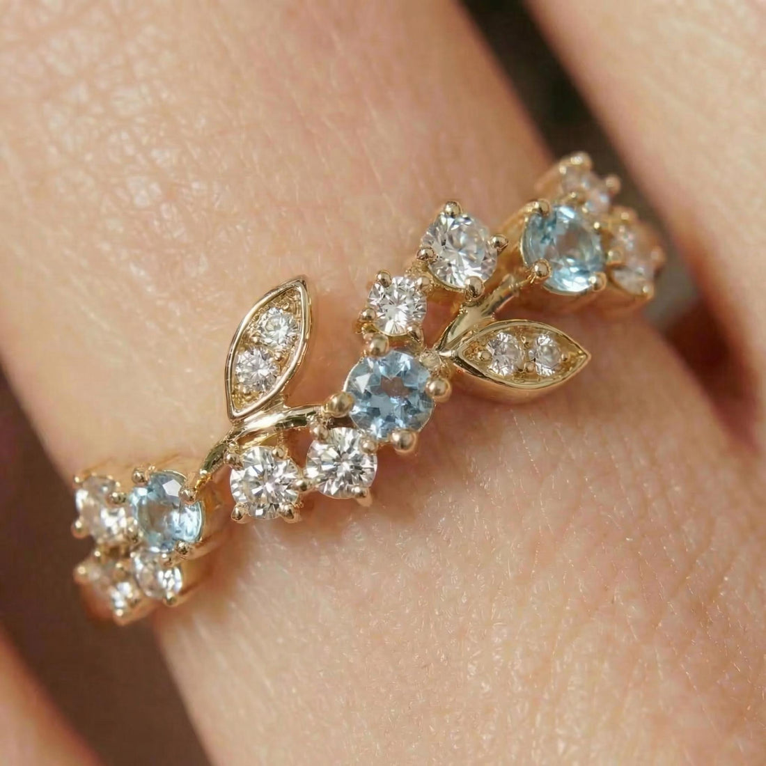 Aquamarine Leaf Wedding Band, Nature Inspired Floral Cluster Ring for Her – March Birthstone Gift – 14K Gold Moissanite Jewelry