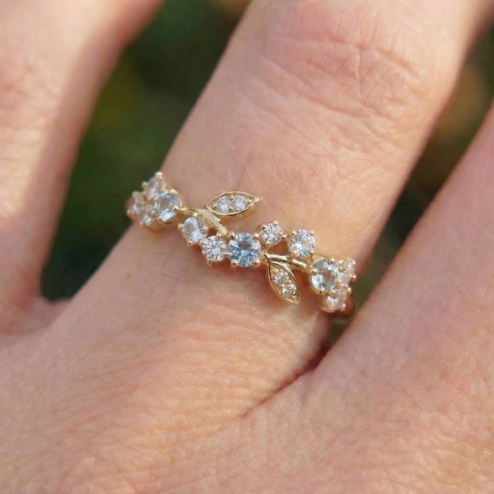 Aquamarine Leaf Wedding Band, Nature Inspired Floral Cluster Ring for Her – March Birthstone Gift – 14K Gold Moissanite Jewelry