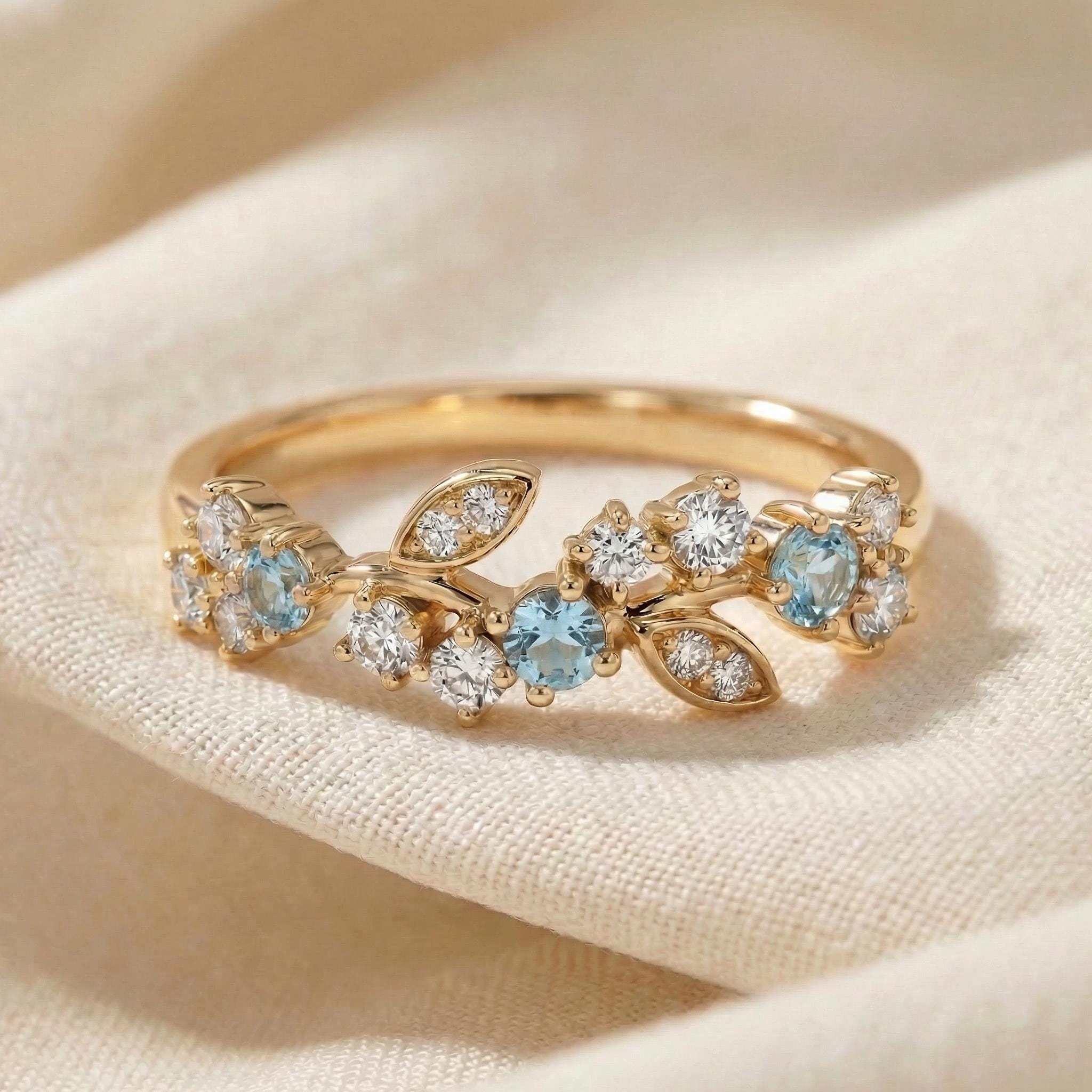 Aquamarine Leaf Wedding Band, Nature Inspired Floral Cluster Ring for Her – March Birthstone Gift – 14K Gold Moissanite Jewelry