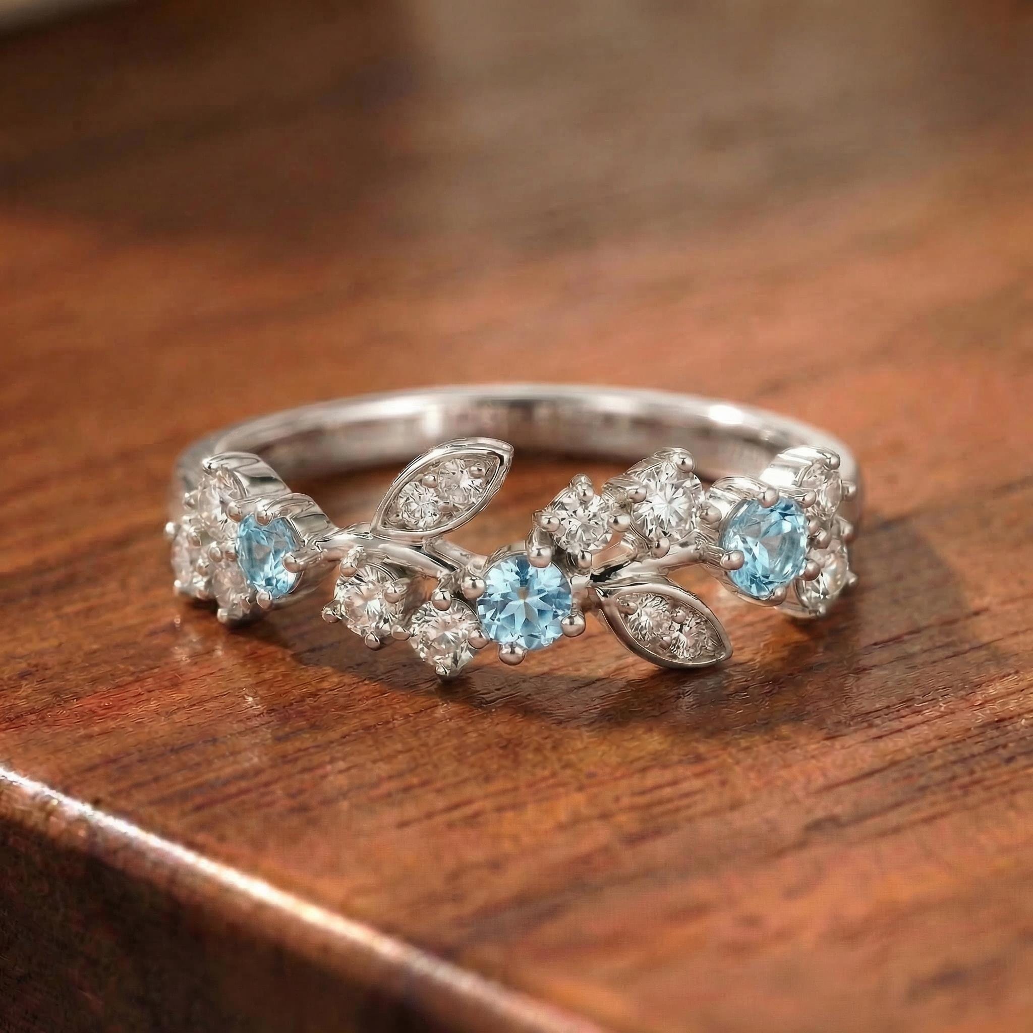 Aquamarine Leaf Wedding Band, Nature Inspired Floral Cluster Ring for Her – March Birthstone Gift – 14K Gold Moissanite Jewelry