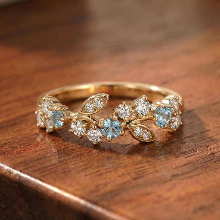 Aquamarine Leaf Wedding Band, Nature Inspired Floral Cluster Ring for Her – March Birthstone Gift – 14K Gold Moissanite Jewelry