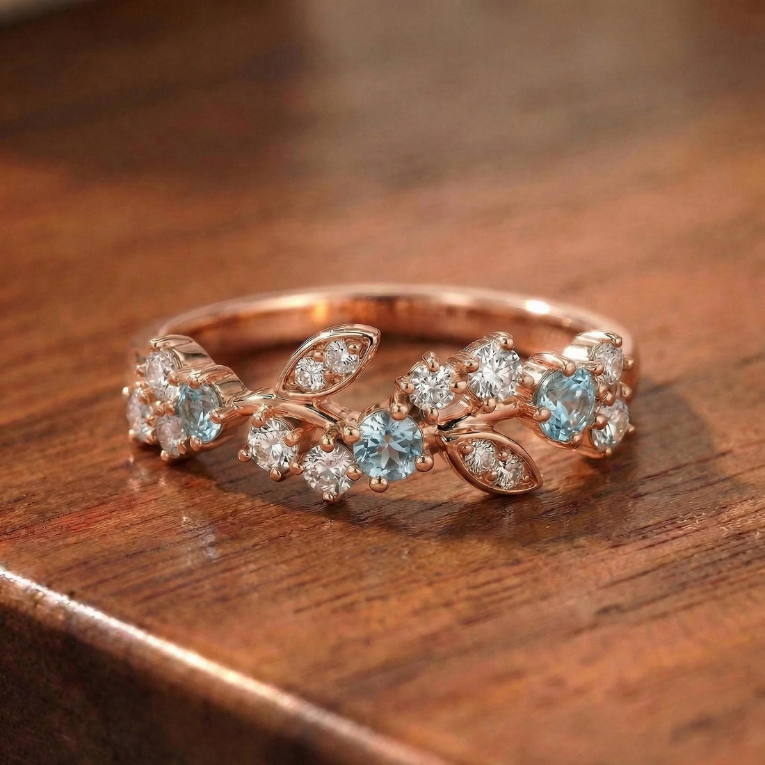 Aquamarine Leaf Wedding Band, Nature Inspired Floral Cluster Ring for Her – March Birthstone Gift – 14K Gold Moissanite Jewelry