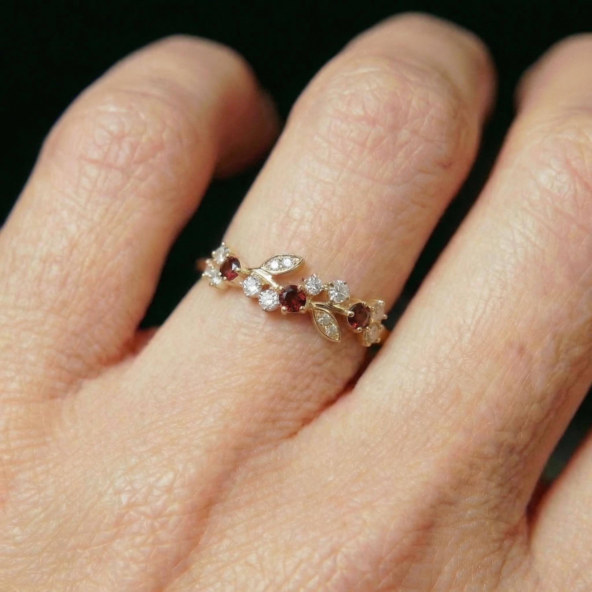 Garnet Leaf Wedding Band, Nature Inspired Floral Cluster Ring for Her – January Birthstone Gift – 14K Gold Moissanite Jewelry