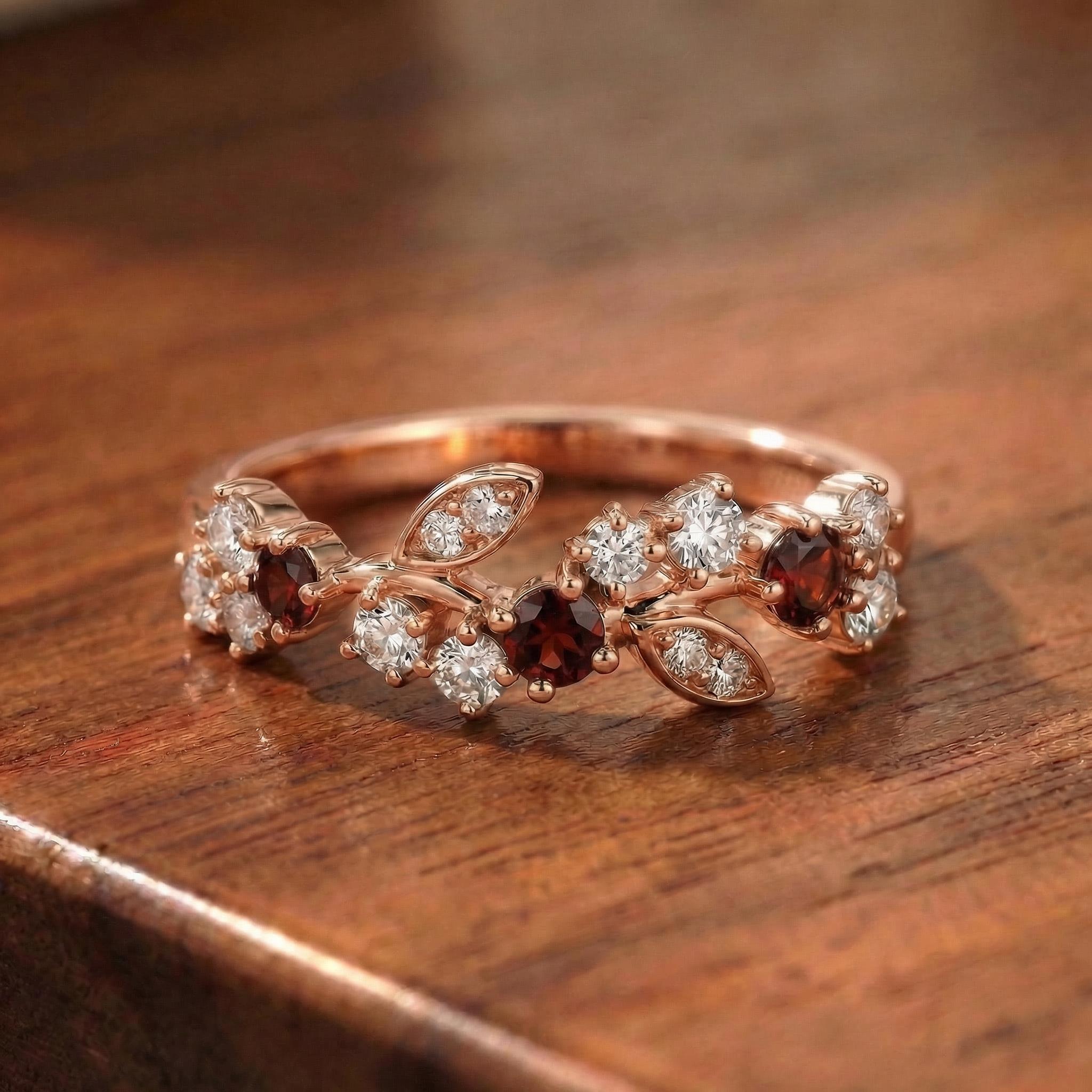 Garnet Leaf Wedding Band, Nature Inspired Floral Cluster Ring for Her – January Birthstone Gift – 14K Gold Moissanite Jewelry