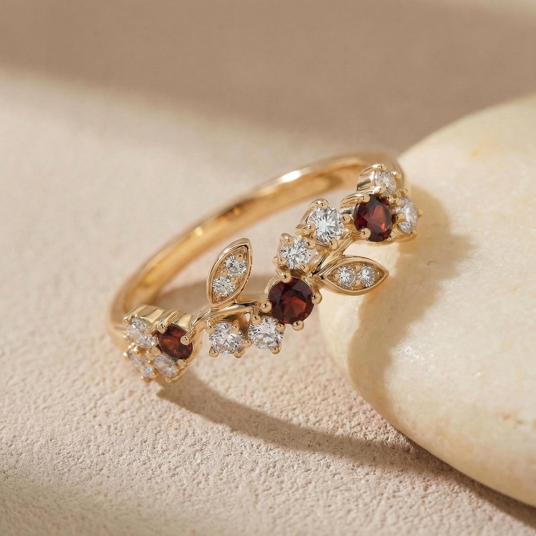 Garnet Leaf Wedding Band, Nature Inspired Floral Cluster Ring for Her – January Birthstone Gift – 14K Gold Moissanite Jewelry