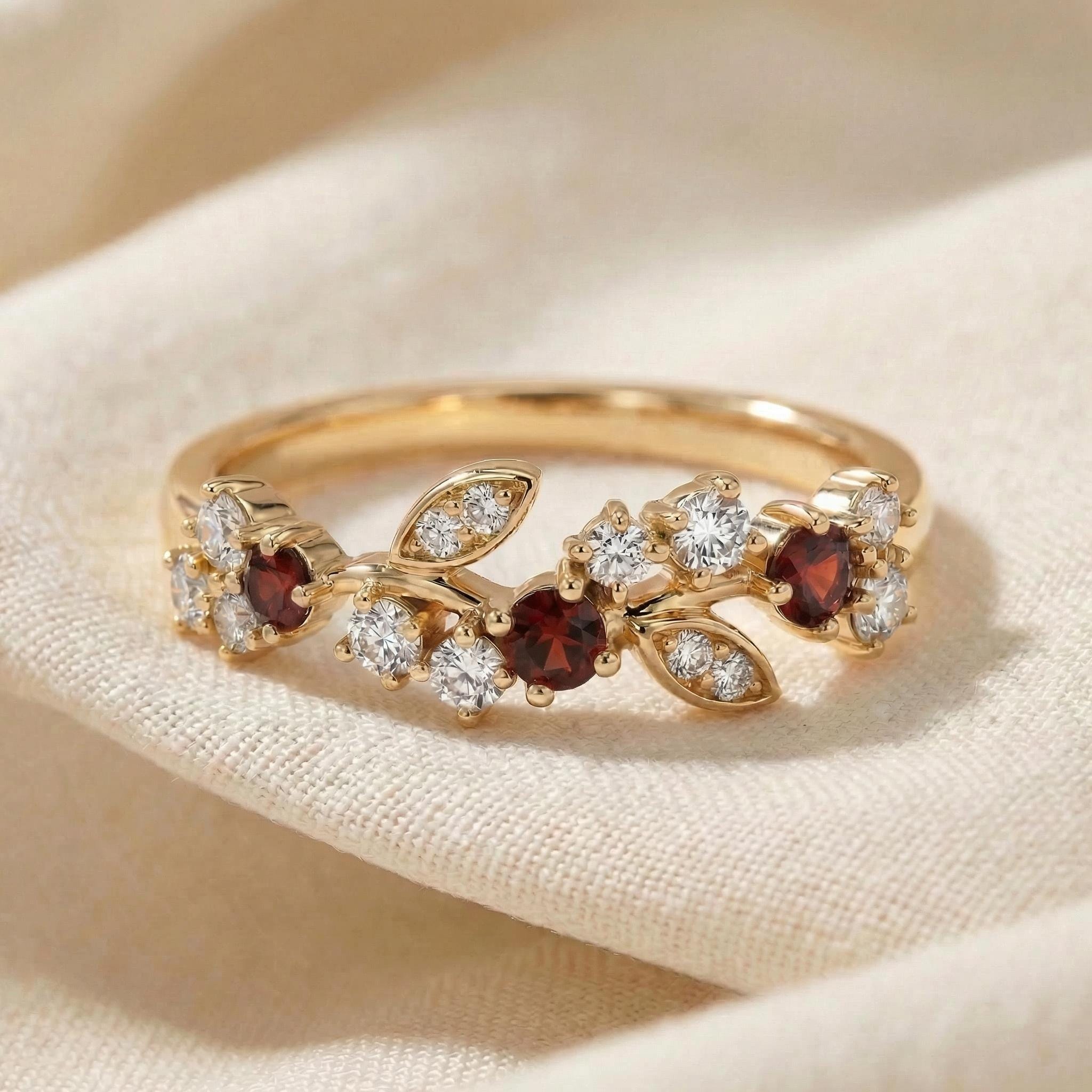 Garnet Leaf Wedding Band, Nature Inspired Floral Cluster Ring for Her – January Birthstone Gift – 14K Gold Moissanite Jewelry