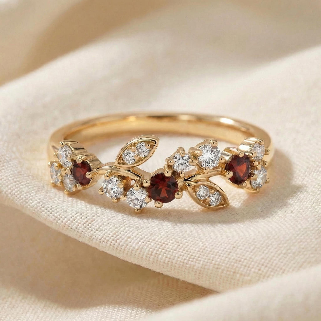Garnet Leaf Wedding Band, Nature Inspired Floral Cluster Ring for Her – January Birthstone Gift – 14K Gold Moissanite Jewelry