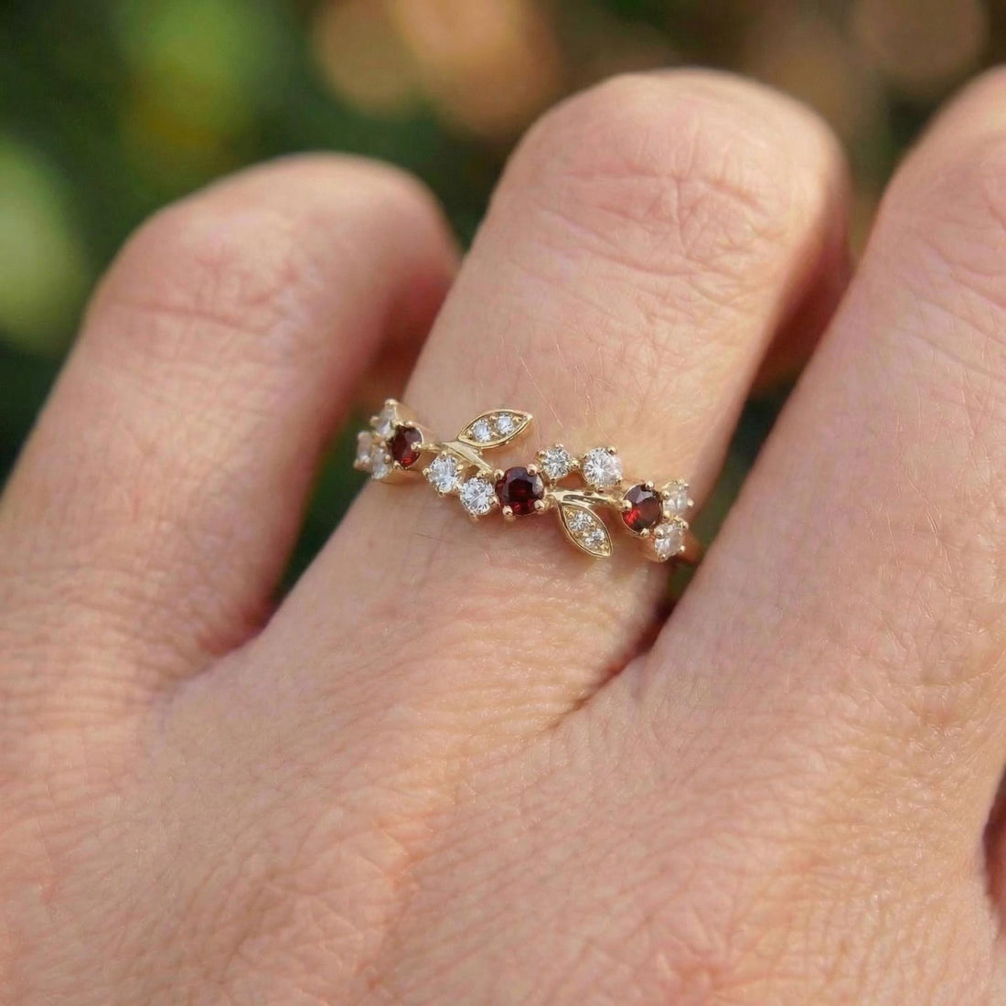 Garnet Leaf Wedding Band, Nature Inspired Floral Cluster Ring for Her – January Birthstone Gift – 14K Gold Moissanite Jewelry