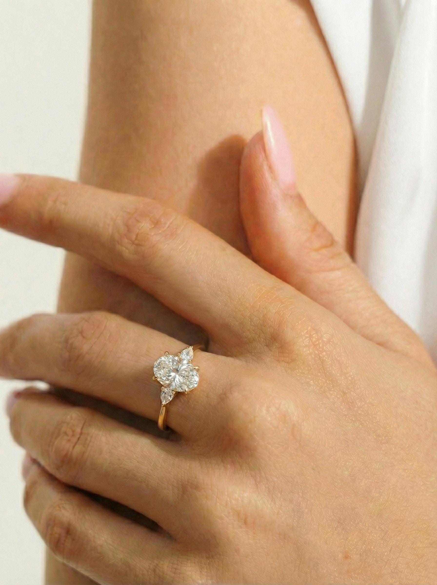 2.5ct Oval Cut Moissanite Ring, Petite Three Stone Engagement Ring, 14K Solid Gold Dainty Minimalist Jewelry, Pear Side Stone Promise Ring