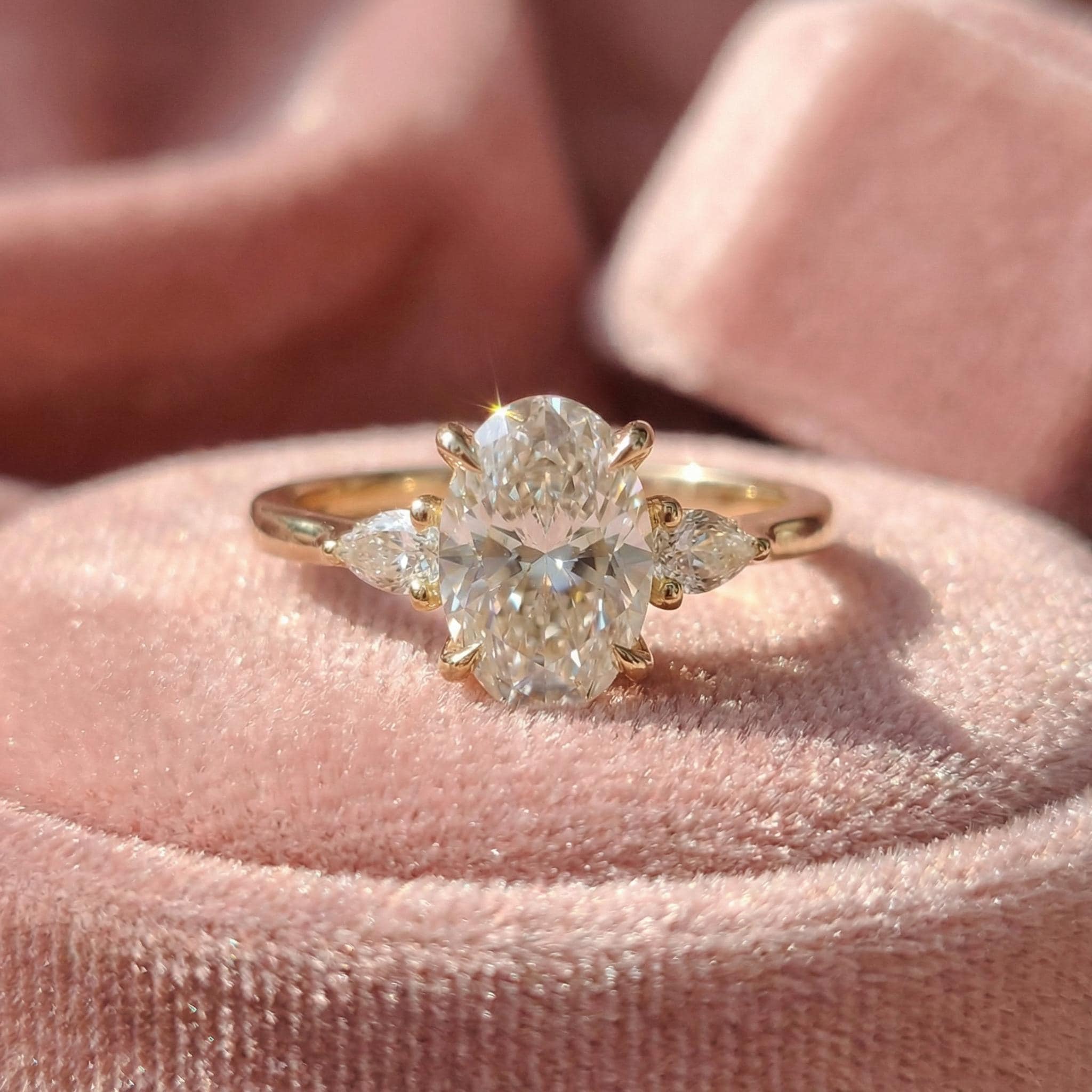 2.5ct Oval Cut Moissanite Ring, Petite Three Stone Engagement Ring, 14K Solid Gold Dainty Minimalist Jewelry, Pear Side Stone Promise Ring