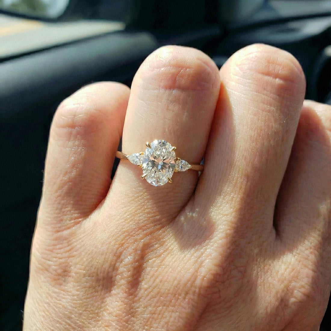 2.5ct Oval Cut Moissanite Ring, Petite Three Stone Engagement Ring, 14K Solid Gold Dainty Minimalist Jewelry, Pear Side Stone Promise Ring