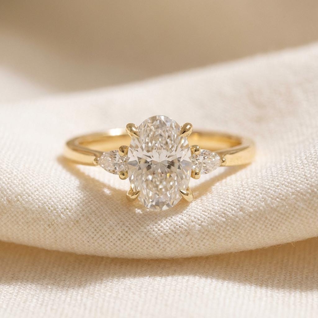 2.5ct Oval Cut Moissanite Ring, Petite Three Stone Engagement Ring, 14K Solid Gold Dainty Minimalist Jewelry, Pear Side Stone Promise Ring