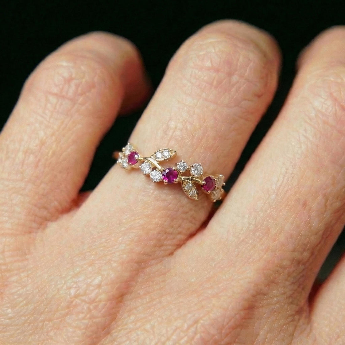 Ruby Leaf Wedding Band, Nature Inspired Floral Cluster Ring for Her – July Birthstone Gift – 14K Gold Moissanite Jewelry