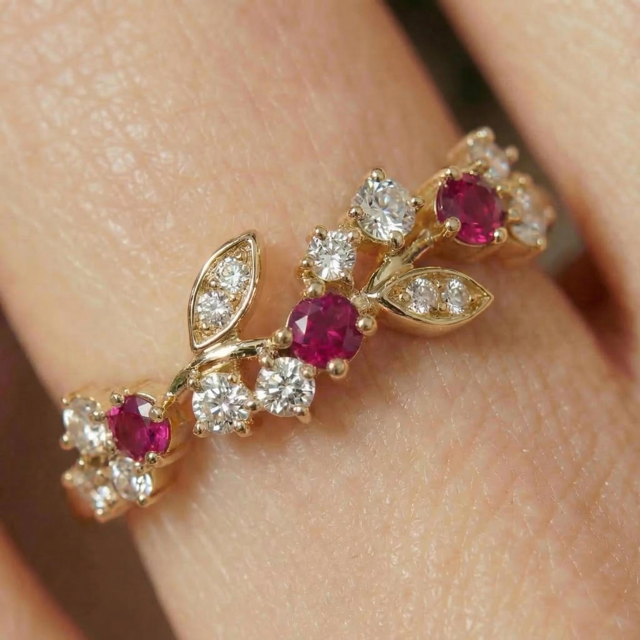 Ruby Leaf Wedding Band, Nature Inspired Floral Cluster Ring for Her – July Birthstone Gift – 14K Gold Moissanite Jewelry