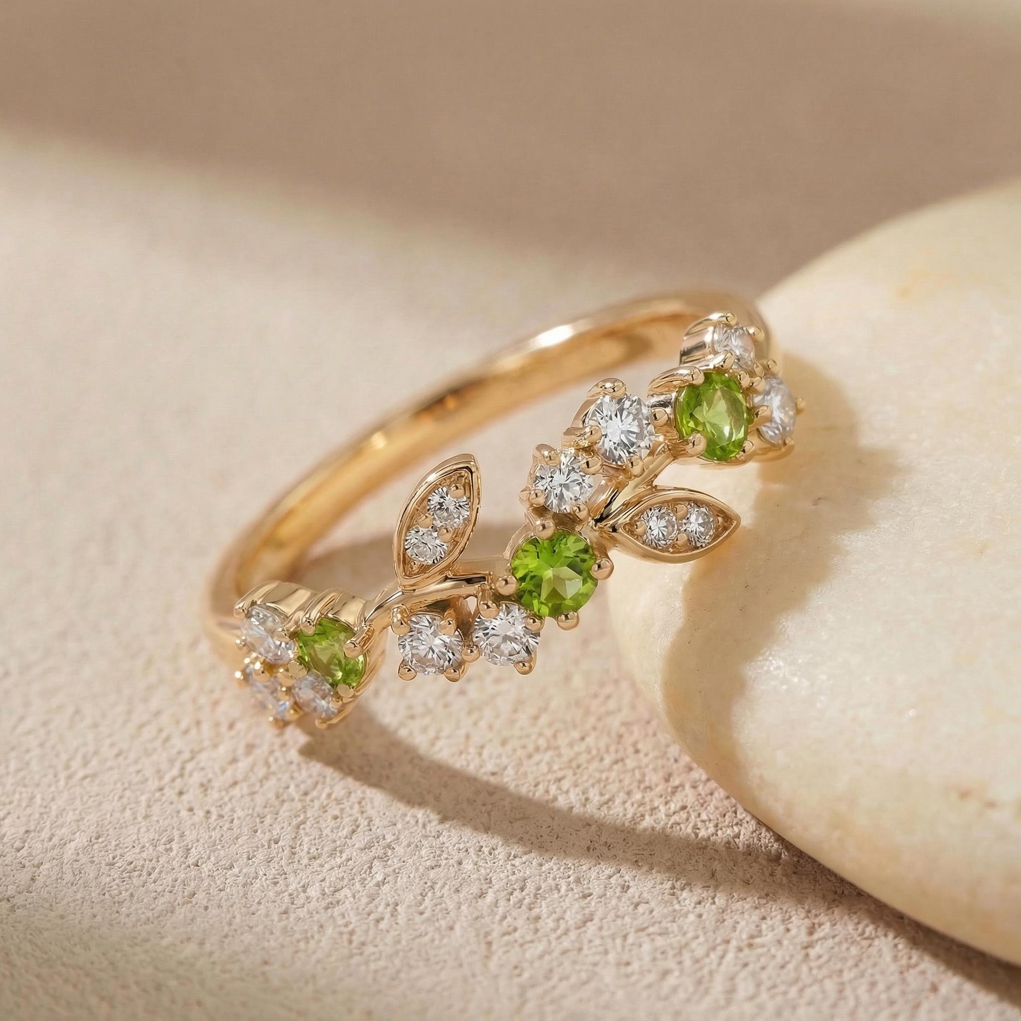 Peridot Leaf Wedding Band, Nature Inspired Floral Cluster Ring for Her – August Birthstone Gift – 14K Gold Moissanite Jewelry