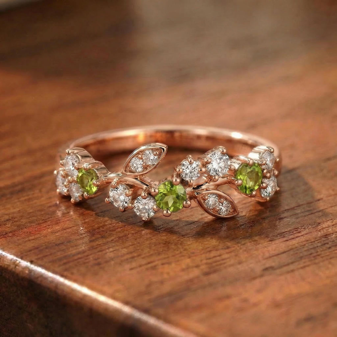 Peridot Leaf Wedding Band, Nature Inspired Floral Cluster Ring for Her – August Birthstone Gift – 14K Gold Moissanite Jewelry