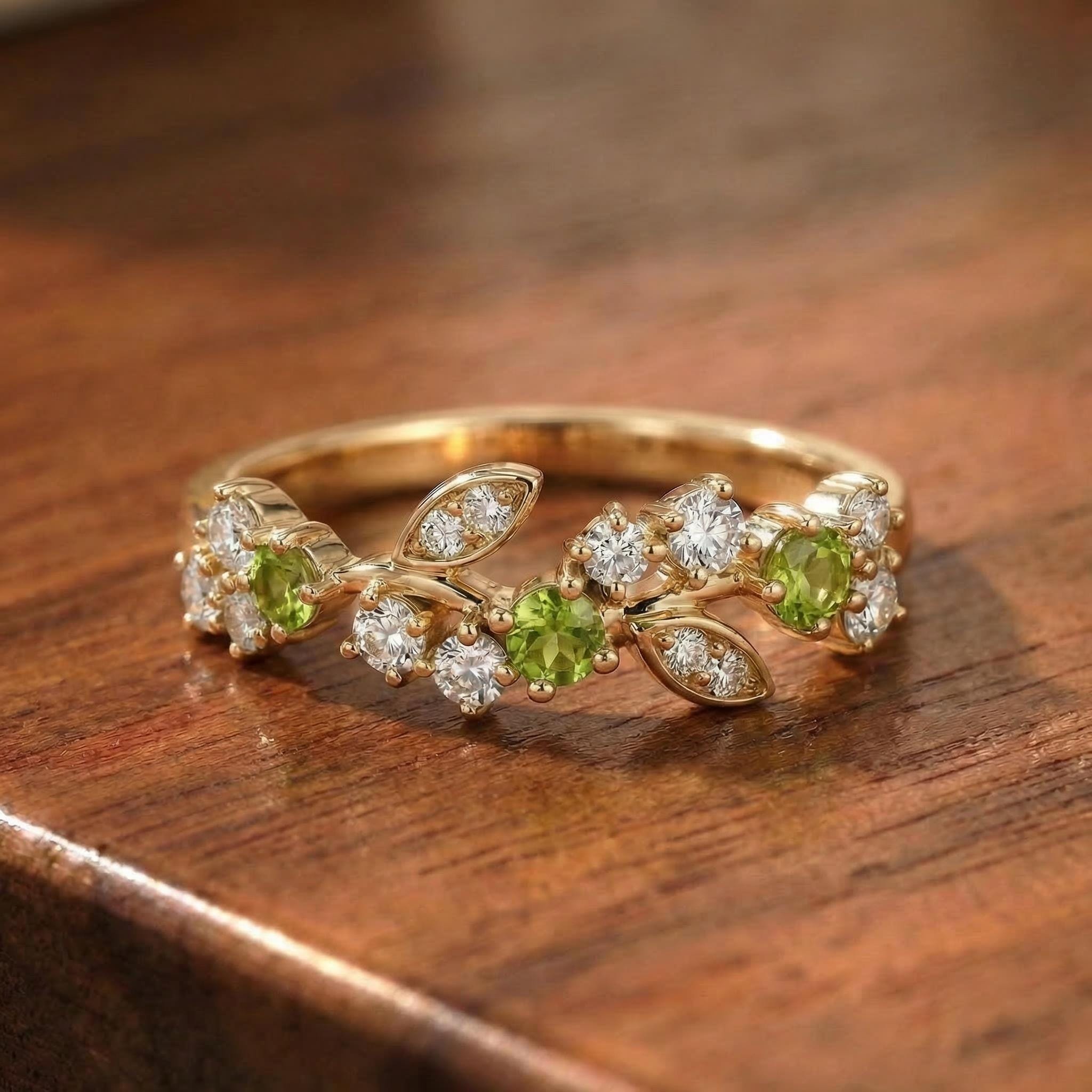 Peridot Leaf Wedding Band, Nature Inspired Floral Cluster Ring for Her – August Birthstone Gift – 14K Gold Moissanite Jewelry