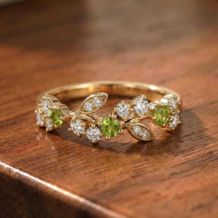 Peridot Leaf Wedding Band, Nature Inspired Floral Cluster Ring for Her – August Birthstone Gift – 14K Gold Moissanite Jewelry