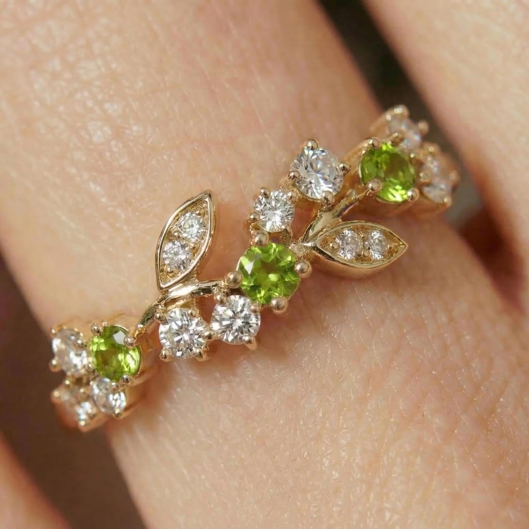 Peridot Leaf Wedding Band, Nature Inspired Floral Cluster Ring for Her – August Birthstone Gift – 14K Gold Moissanite Jewelry