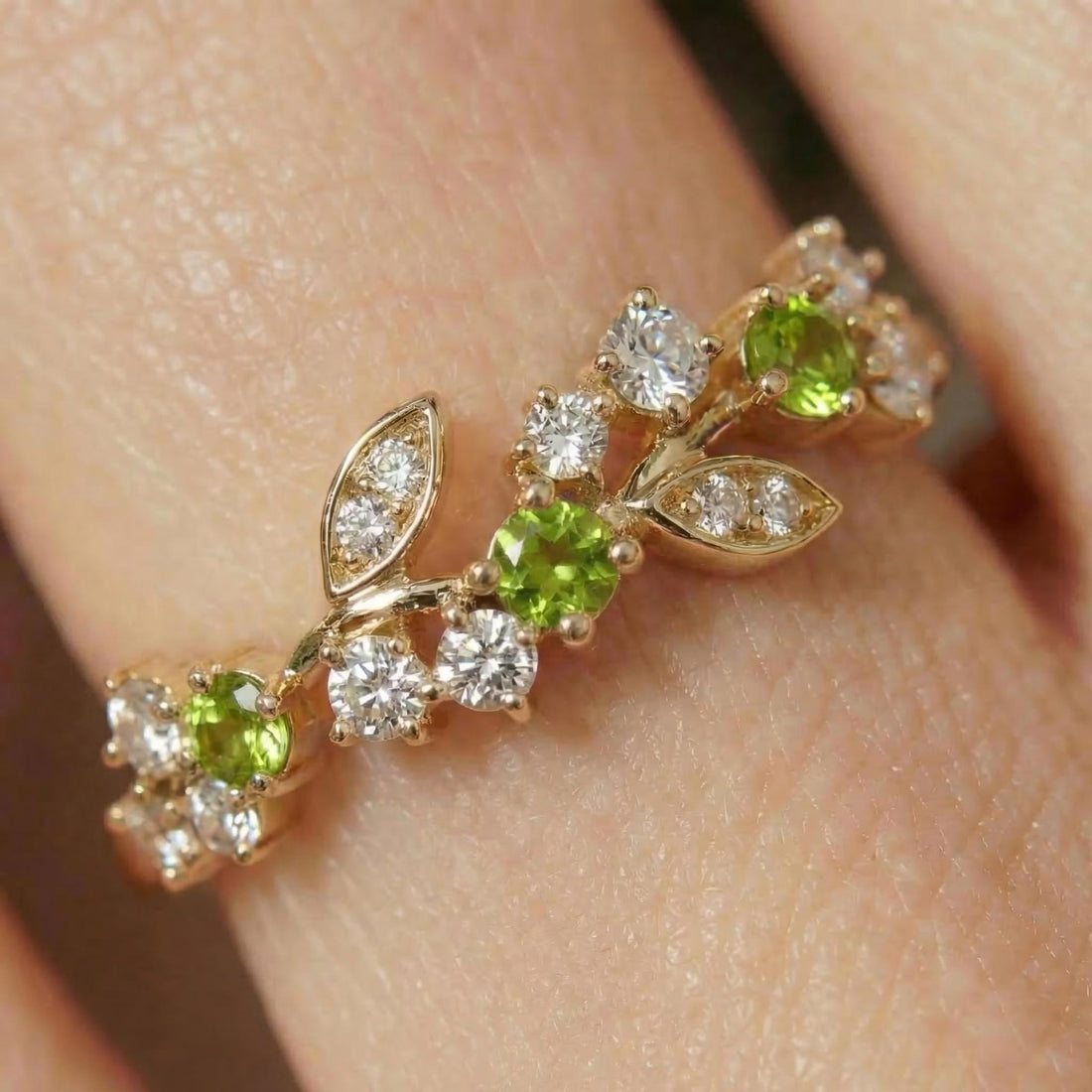 Peridot Leaf Wedding Band, Nature Inspired Floral Cluster Ring for Her – August Birthstone Gift – 14K Gold Moissanite Jewelry