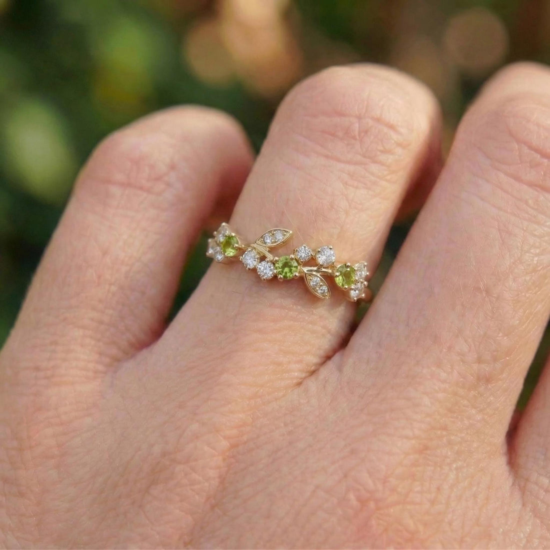 Peridot Leaf Wedding Band, Nature Inspired Floral Cluster Ring for Her – August Birthstone Gift – 14K Gold Moissanite Jewelry