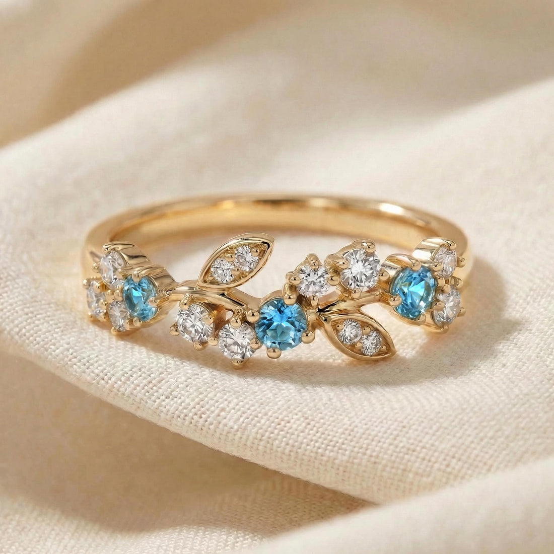 Blue Zircon Leaf Wedding Band, Nature Inspired Floral Cluster Ring for Her – December Birthstone Gift – 14K Gold Moissanite Jewelry