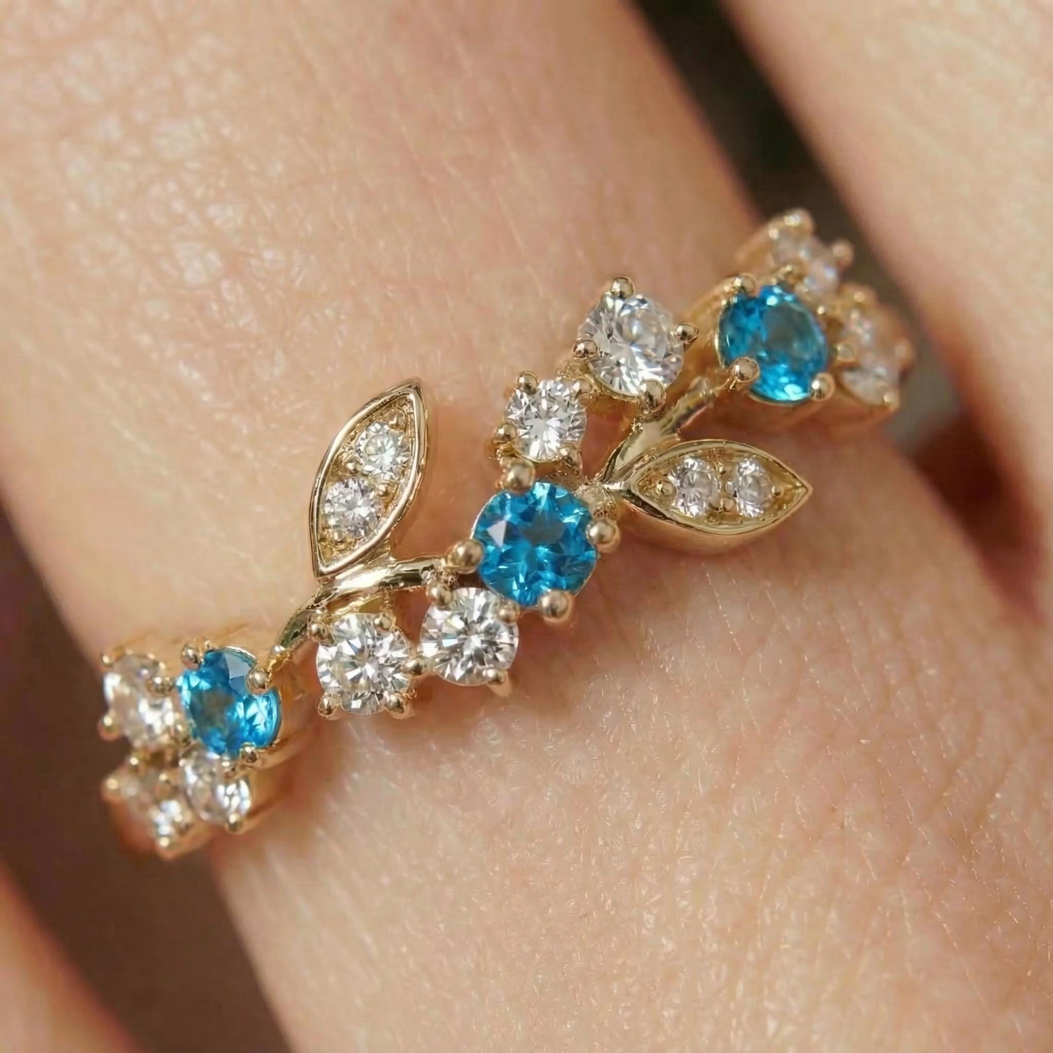 Blue Zircon Leaf Wedding Band, Nature Inspired Floral Cluster Ring for Her – December Birthstone Gift – 14K Gold Moissanite Jewelry