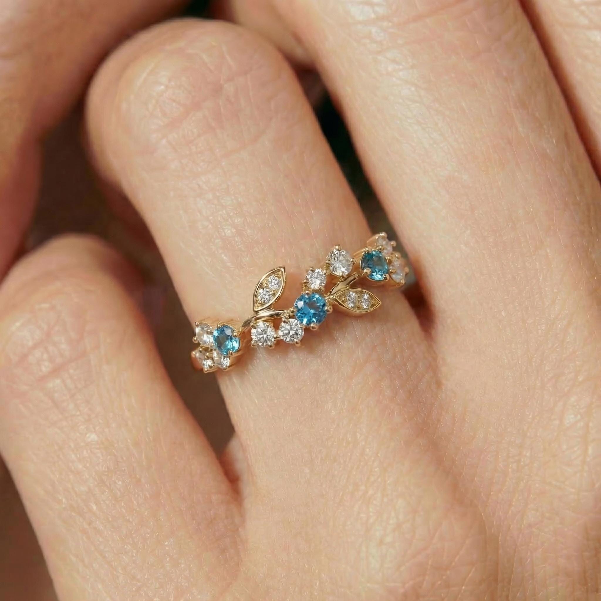 Blue Zircon Leaf Wedding Band, Nature Inspired Floral Cluster Ring for Her – December Birthstone Gift – 14K Gold Moissanite Jewelry