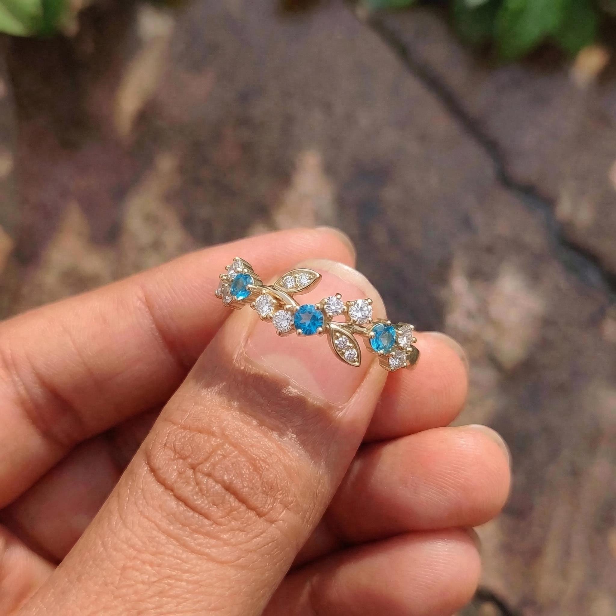 Blue Zircon Leaf Wedding Band, Nature Inspired Floral Cluster Ring for Her – December Birthstone Gift – 14K Gold Moissanite Jewelry
