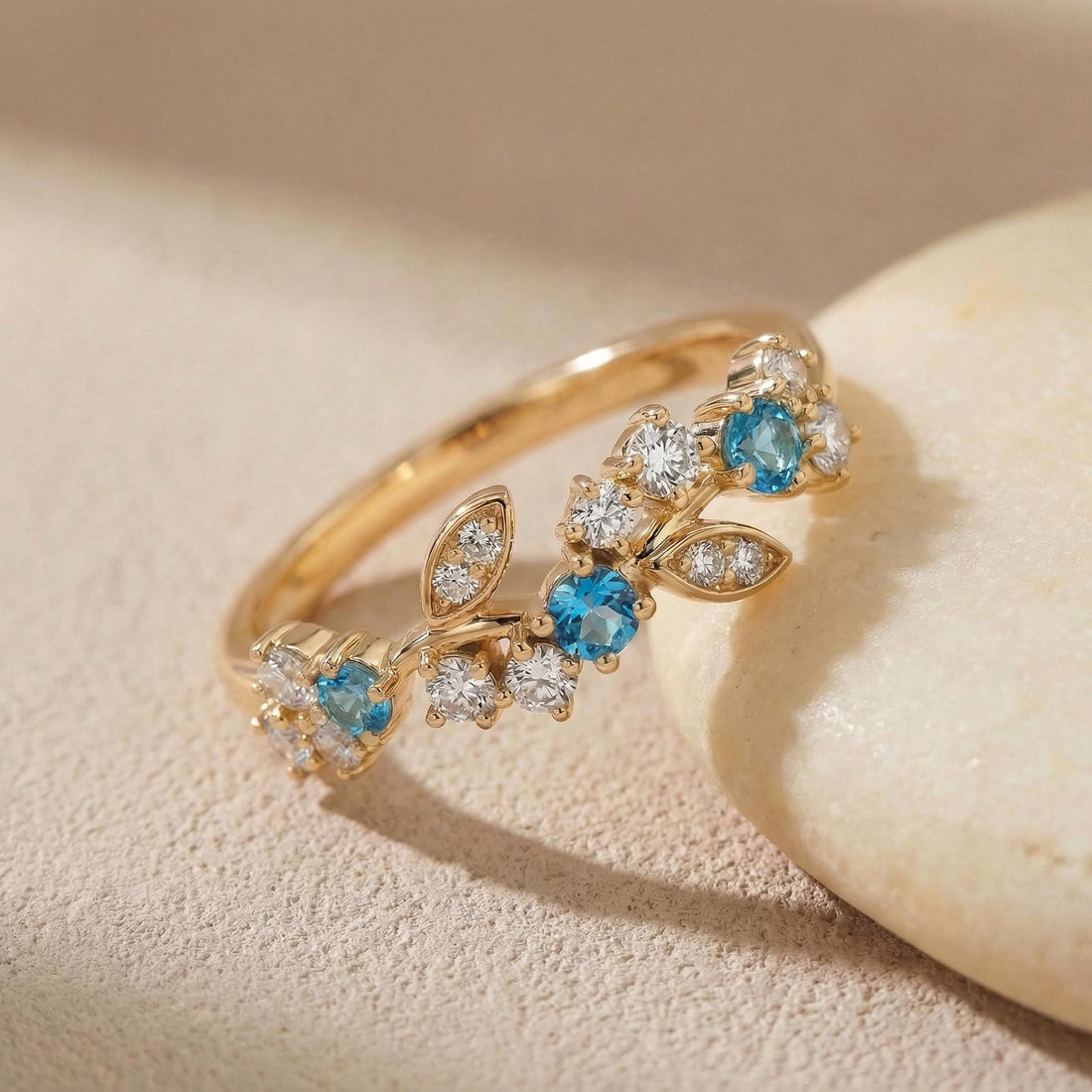 Blue Zircon Leaf Wedding Band, Nature Inspired Floral Cluster Ring for Her – December Birthstone Gift – 14K Gold Moissanite Jewelry