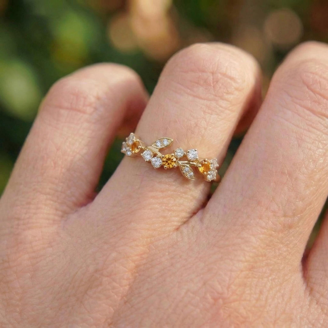 Citrine Leaf Wedding Band, Nature Inspired Floral Cluster Ring for Her – November Birthstone Gift – 14K Gold Moissanite Jewelry