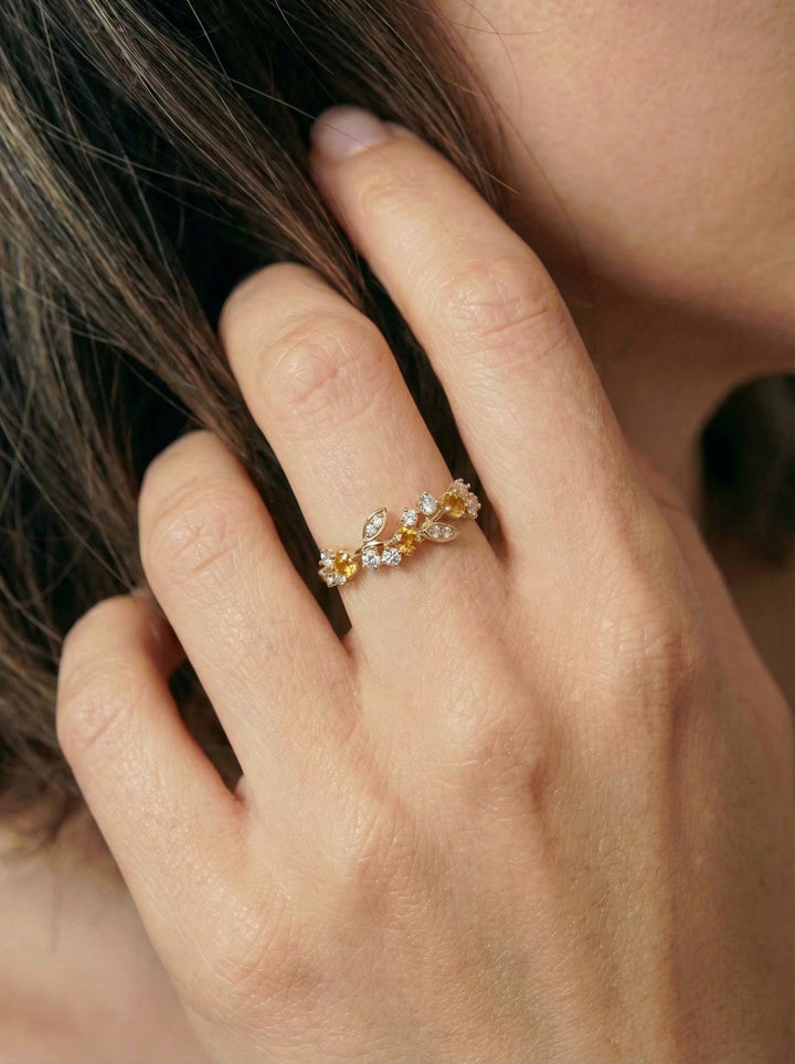 Citrine Leaf Wedding Band, Nature Inspired Floral Cluster Ring for Her – November Birthstone Gift – 14K Gold Moissanite Jewelry