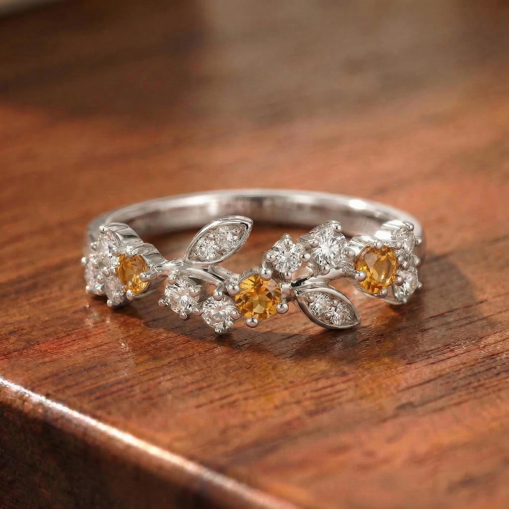 Citrine Leaf Wedding Band, Nature Inspired Floral Cluster Ring for Her – November Birthstone Gift – 14K Gold Moissanite Jewelry